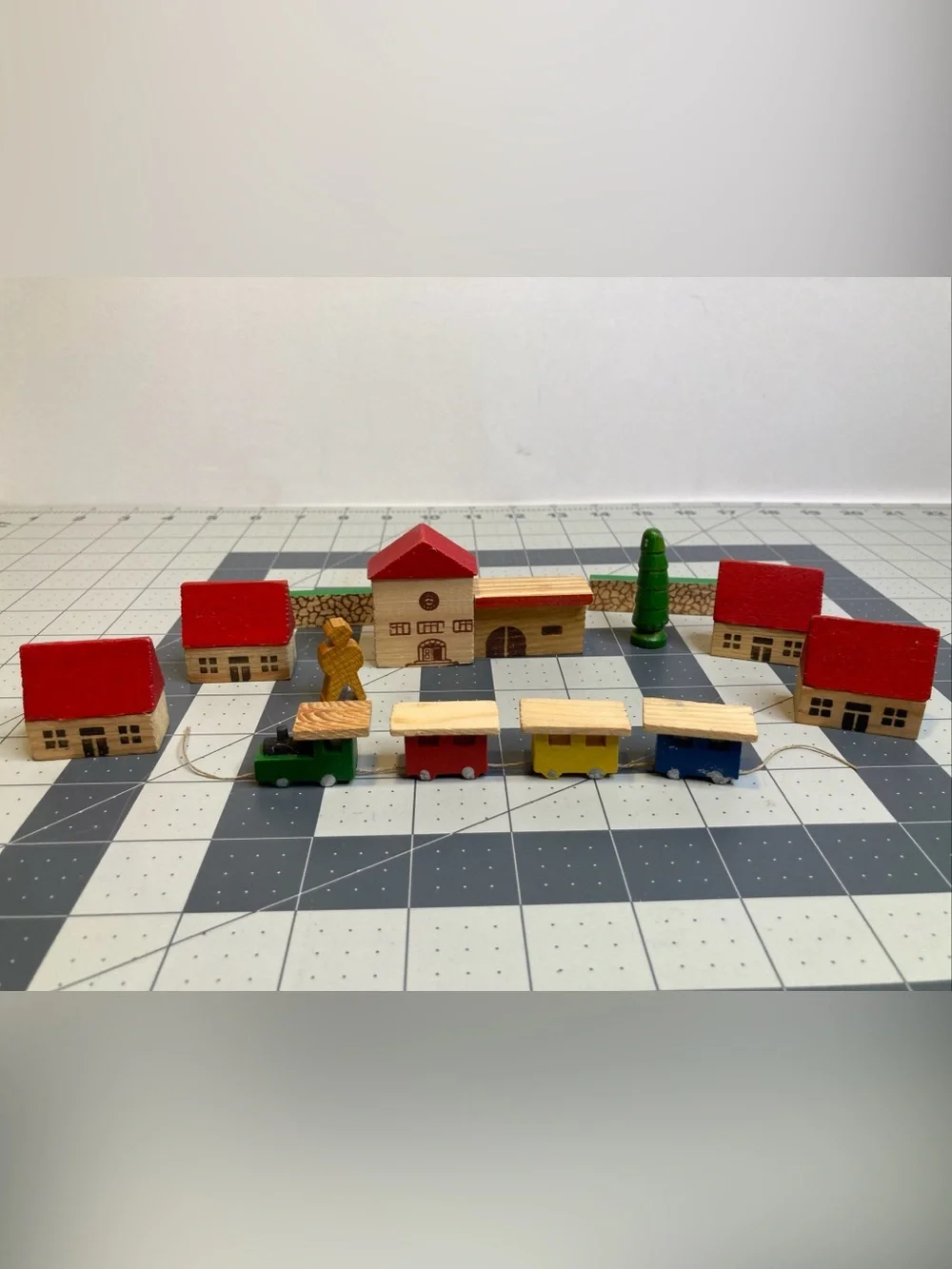 Vintage Wood Block Village Houses Train Station Wooden German Putz Erzgebirge